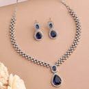 Rhodium Plated Silver Toned Teardrop Shaped Blue & White American Diamond Studded Jewellery Set