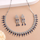 Rhodium Plated Silver Toned Navy Blue & White American Diamond Studded Jewellery Set