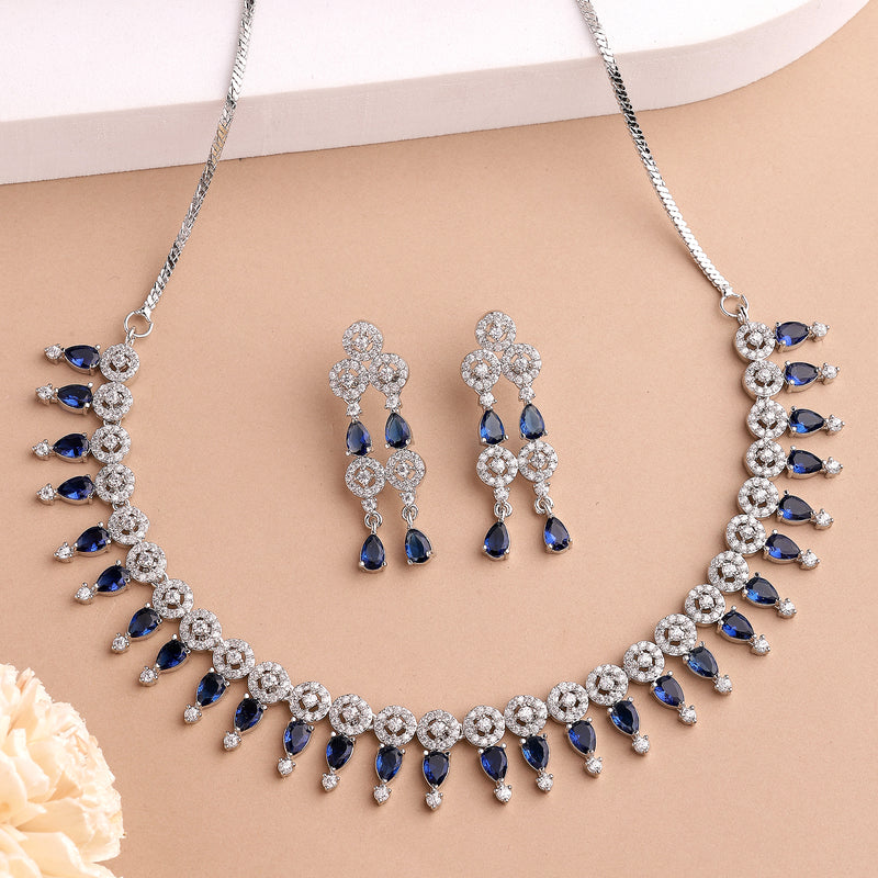 Rhodium Plated Silver Toned Navy Blue & White American Diamond Studded Jewellery Set