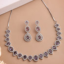 Rhodium Plated Silver Toned Teardrop Shaped Purple & White American Diamond Studded Jewellery Set