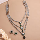 Rhodium Plated Silver Toned Green & White American Diamond Studded Multi Layered Necklace With Earrings Jewellery Set