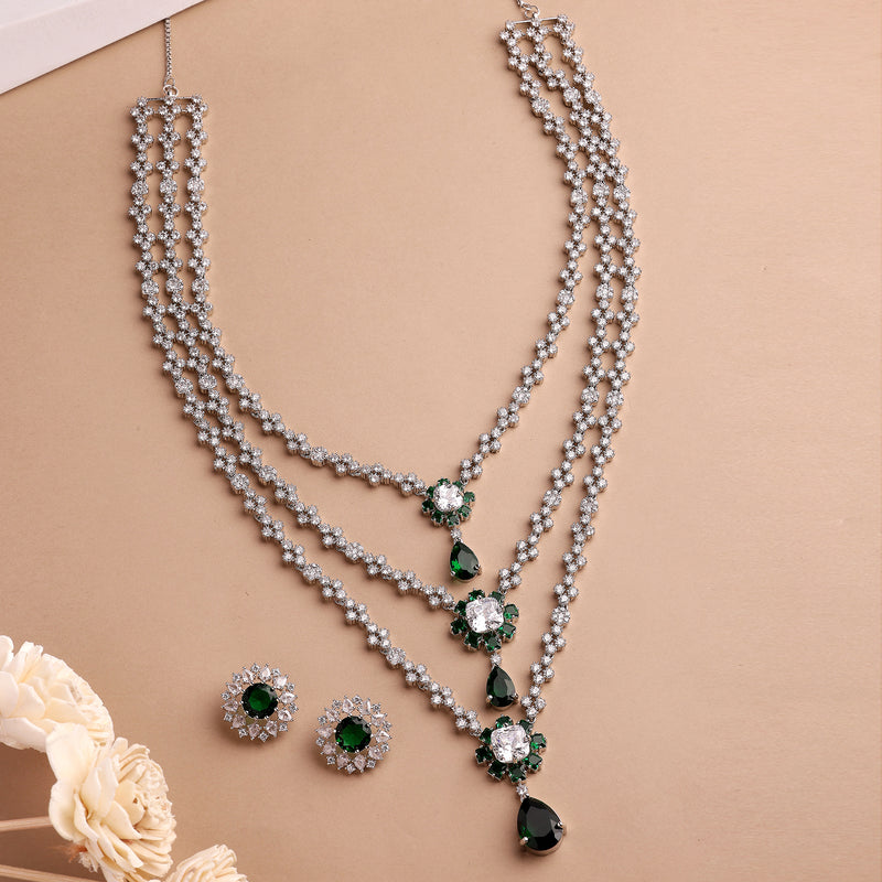 Rhodium Plated Silver Toned Green & White American Diamond Studded Multi Layered Necklace With Earrings Jewellery Set