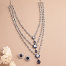 Rhodium Plated Silver Toned Blue & White American Diamond Studded Multi Layered Necklace With Earrings Jewellery