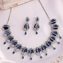 Rhodium Plated Silver Toned Rose Shaped Blue & White American Diamond Studded Jewellery Set