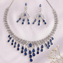 Rhodium Plated Silver Toned Teardrop Shaped Blue & White American Diamond Studded Jewellery Set