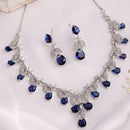 Rhodium Plated Silver Toned Leaf Teardrop Blue & White American Diamond Studded Jewellery Set