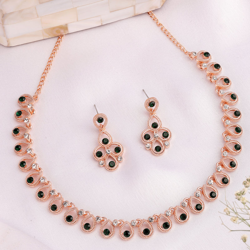 Rose Gold Plated Teardrop Shaped Cubic Zirconia Studded Necklace With Earrings Jewellery Set