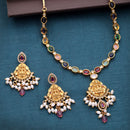 Gold Plated South Indian Temple Jewelry Lakshmi Pendant Necklace Set with Earrings Jewellery Set For Women & Girls (Navratna Style Colorful Stone Necklace)