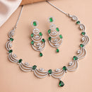 Rhodium Plated Silver Toned Crescent Shaped Green & White American Diamond Studded Jewellery Set