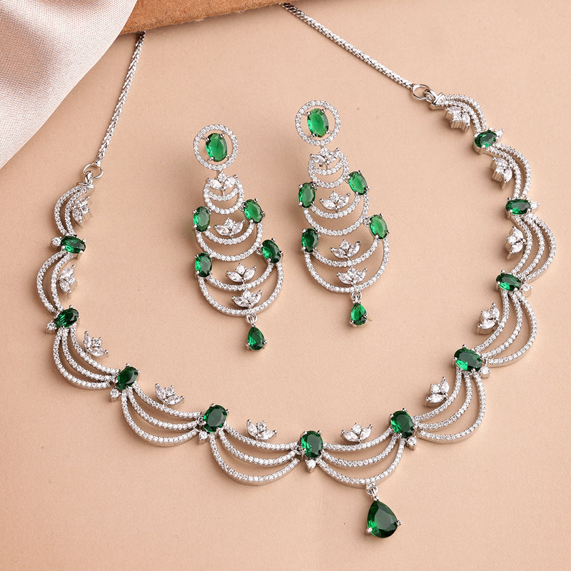 Rhodium Plated Silver Toned Crescent Shaped Green & White American Diamond Studded Jewellery Set