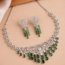 Rhodium Plated Silver Toned Teardrop Shaped Green & White American Diamond Studded Jewellery Set