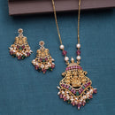 Gold Plated South Indian Temple Jewelry Lakshmi Pendant Necklace Set with Earrings Jewellery Set For Women & Girls (Long Haram Style Temple Pendant)