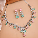 Rhodium Plated Silver Toned Leaf Teardrop Shaped Pink & Sea Green American Diamond Studded Jewellery Set