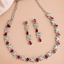 Rhodium Plated Silver Toned Butterfly Shaped Red Cubic Zirconia Studded Jewellery Set
