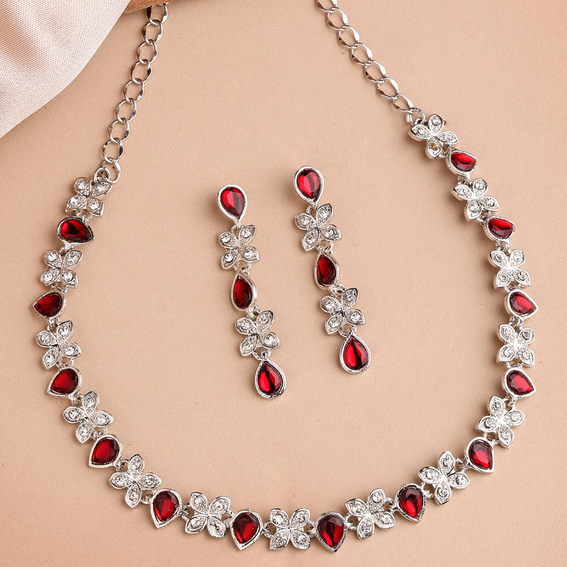 Rhodium Plated Silver Toned Butterfly Shaped Red Cubic Zirconia Studded Jewellery Set