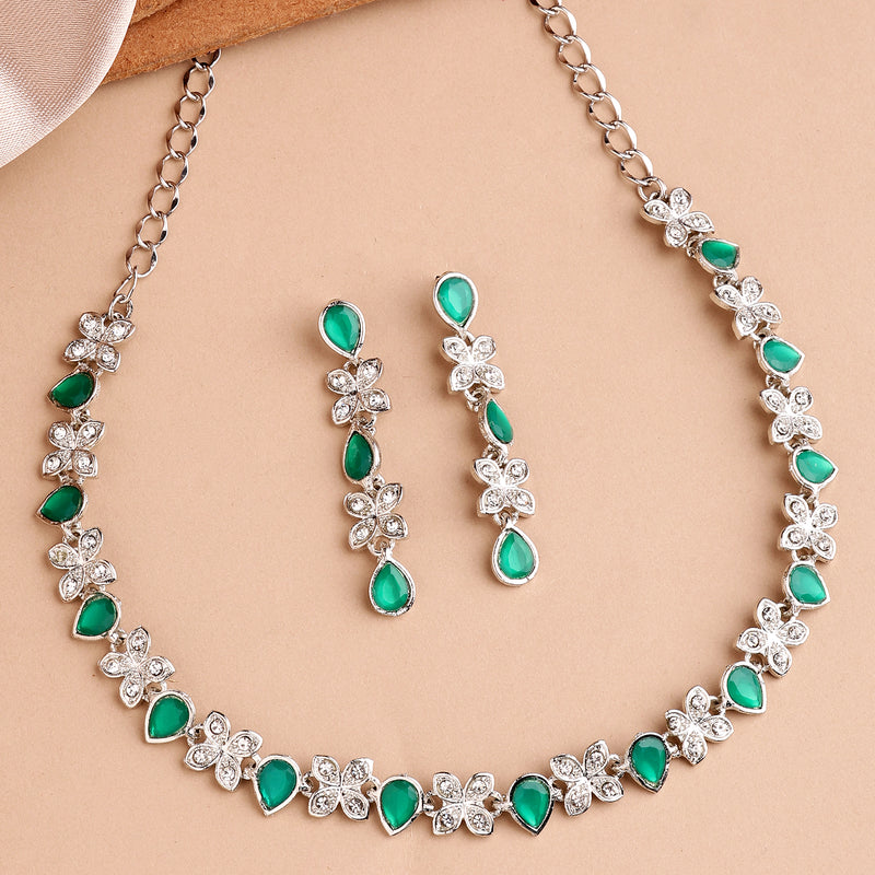 Rhodium Plated Silver Toned Butterfly Shaped Green Cubic Zirconia Studded Jewellery Set