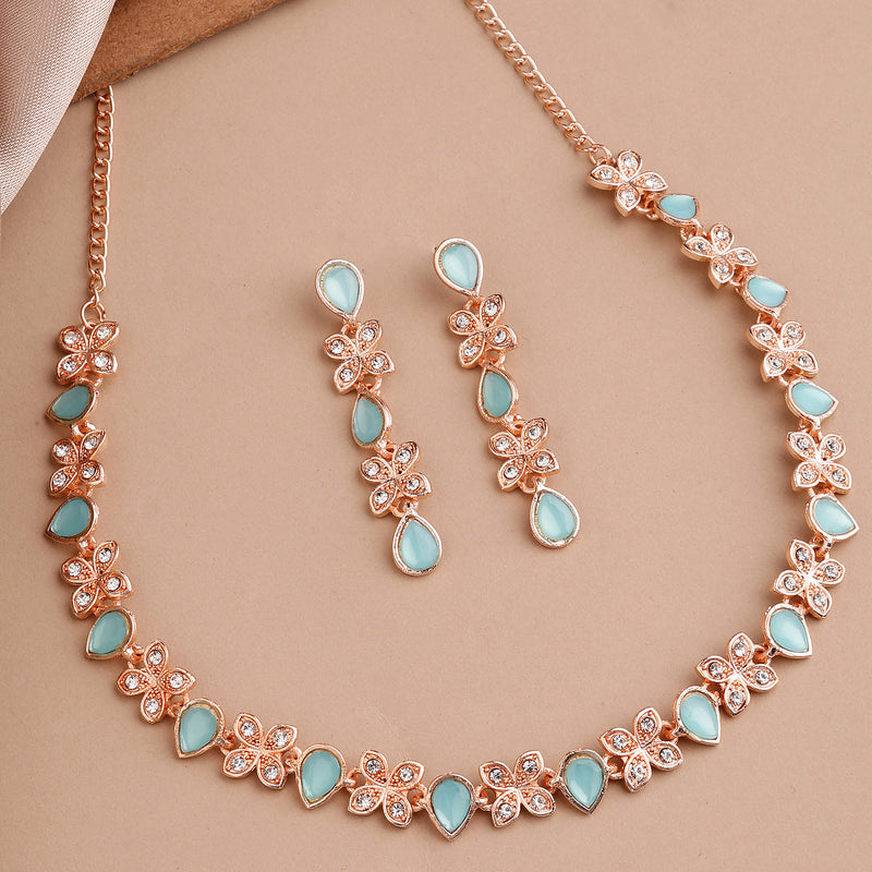 Rose Gold Plated Butterfly Shaped Blue Cubic Zirconia Studded Jewellery Set