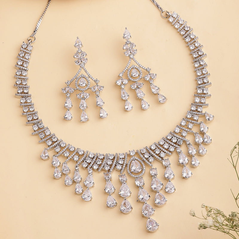 Rhodium Plated Silver Toned Teardrop Shaped White American Diamond Studded Jewellery Set