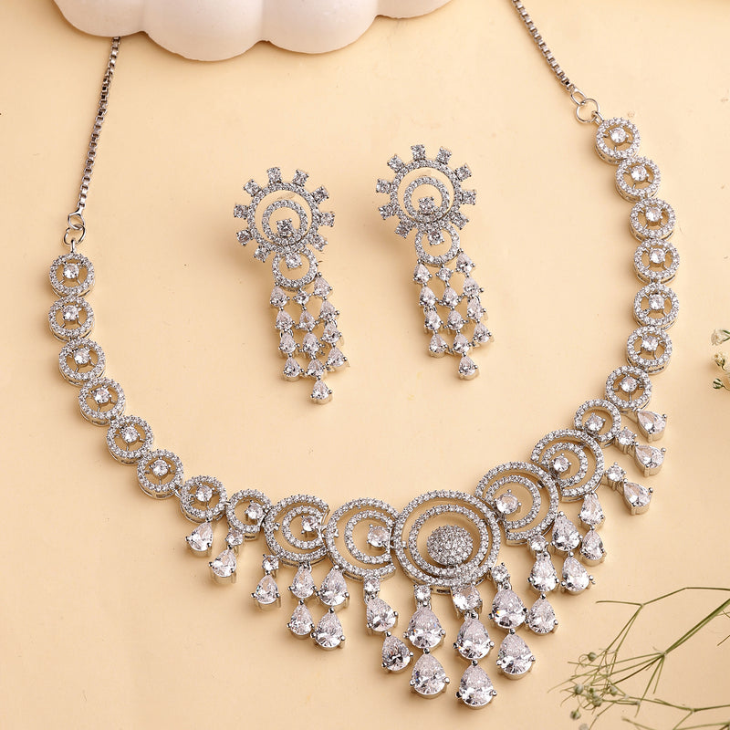Rhodium Plated Silver Toned Teardrop Shaped White American Diamond Studded Jewellery Set