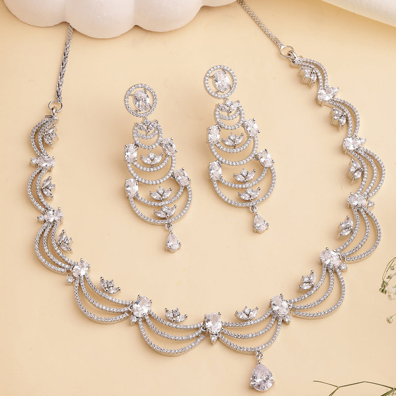 Rhodium Plated Silver Toned Crescent Shaped White American Diamond Studded Jewellery Set