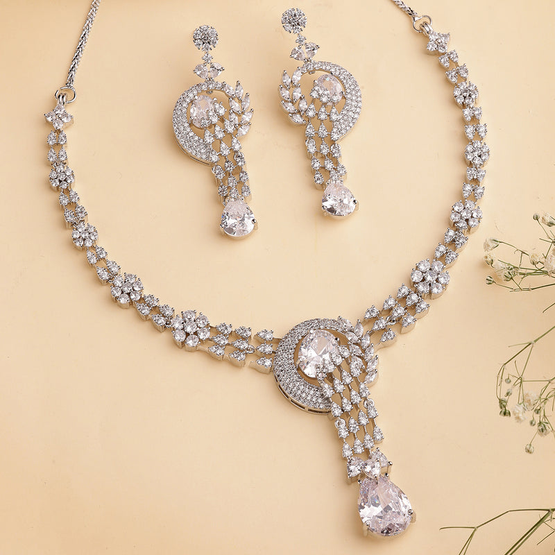 Rhodium Plated Silver Toned White American Diamond Studded Jewellery SeT