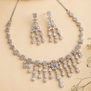 Rhodium Plated Silver Toned White American Diamond Studded Jewellery Set