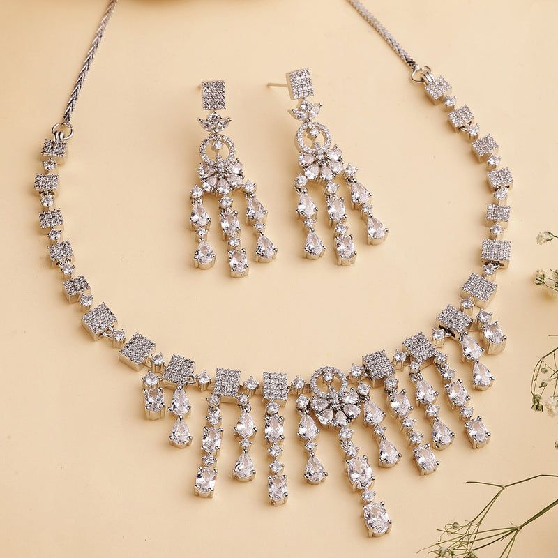 Rhodium Plated Silver Toned White American Diamond Studded Jewellery Set