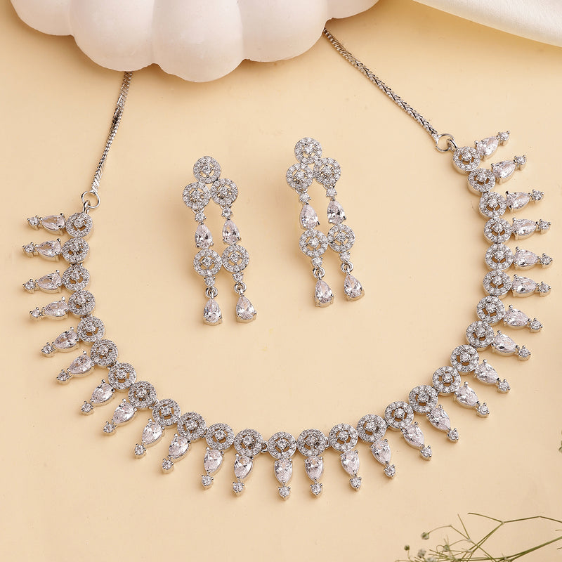 Rhodium Plated Silver Toned Geometrical Shaped White American Diamond Studded Jewellery Set