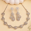 Rhodium Plated Silver Toned Floral Shaped White American Diamond Studded Jewellery Set