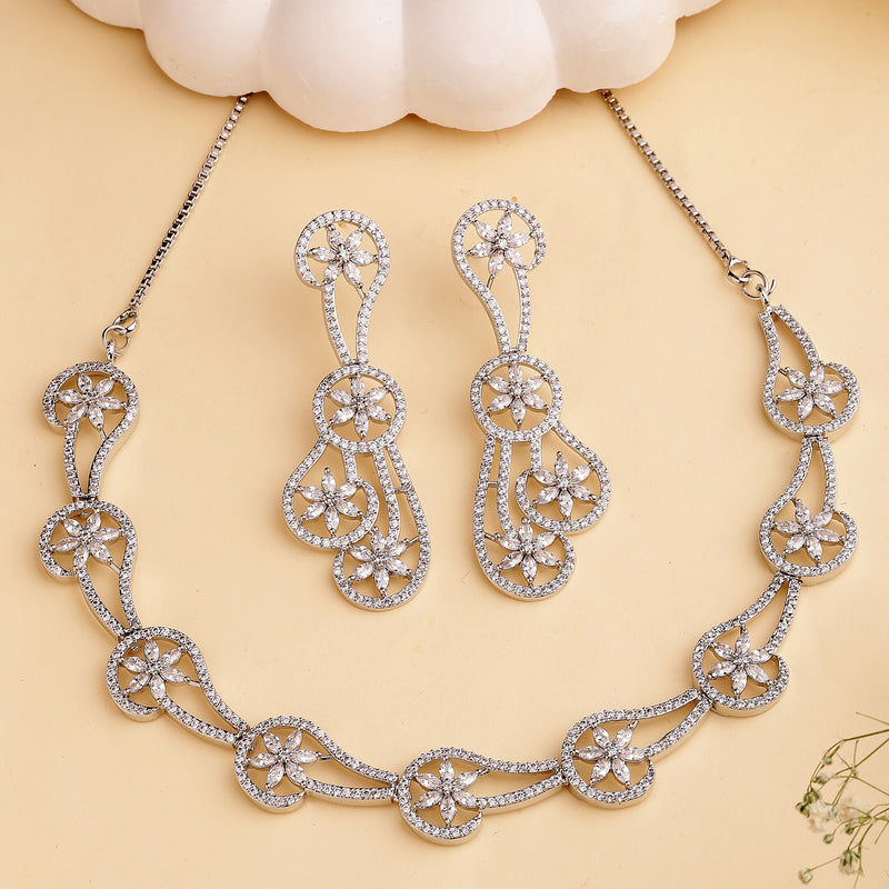Rhodium Plated Silver Toned Floral Shaped White American Diamond Studded Jewellery Set
