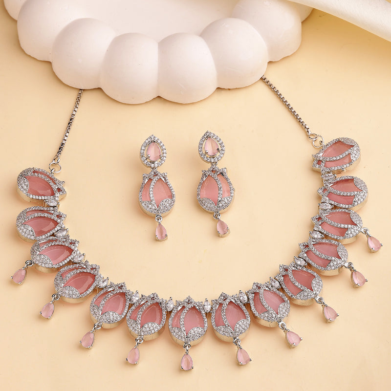 Rhodium Plated Silver Toned Rose Shaped Pink & White American Diamond Studded Jewellery Set