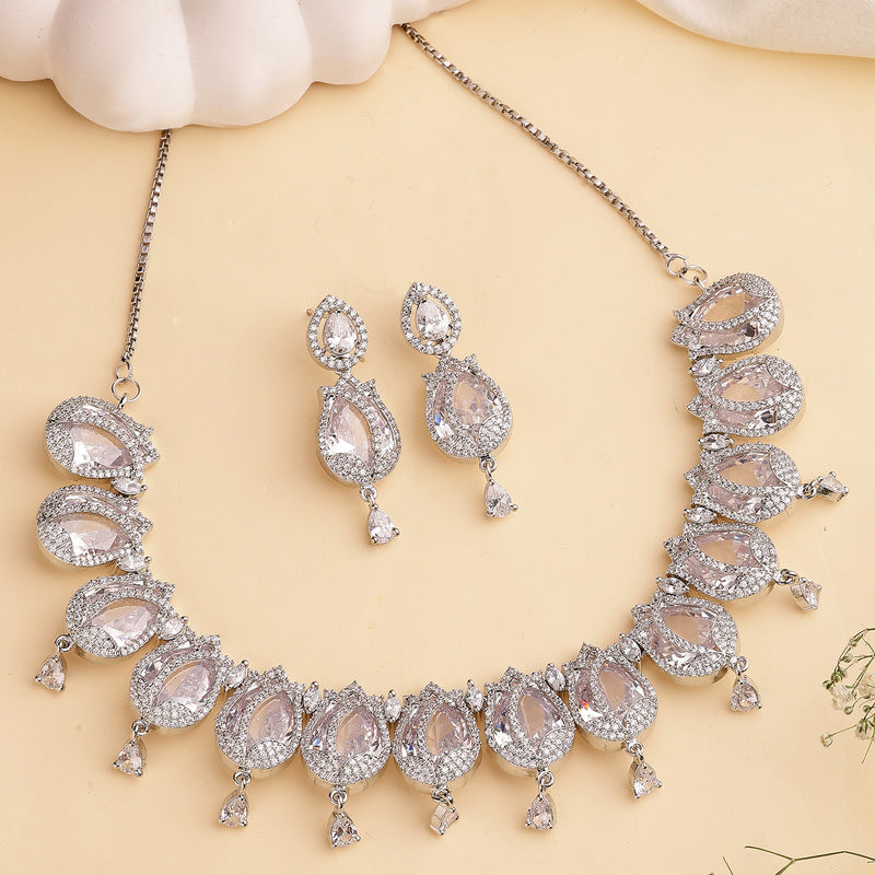 Rhodium Plated Silver Toned Rose Shaped White American Diamond Studded Jewellery Set