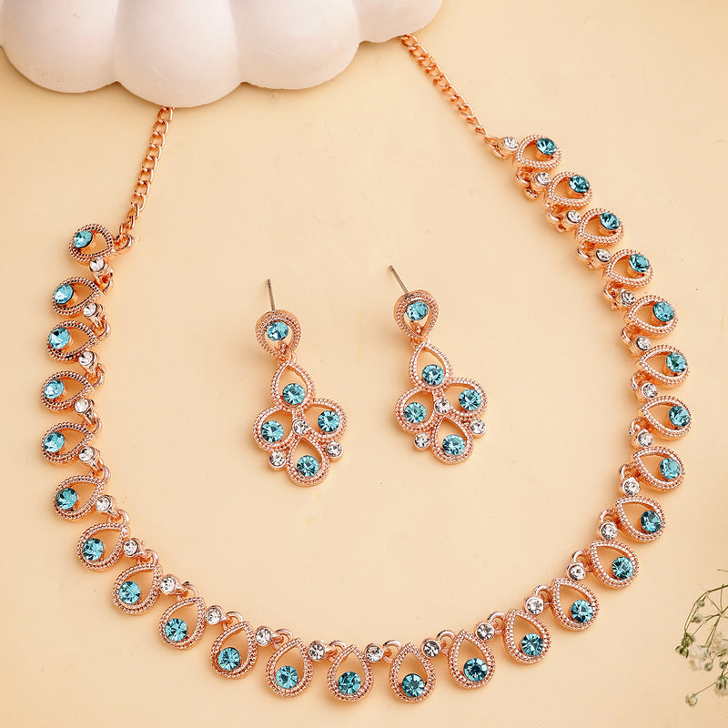 Rose Gold Plated Teardrop Shaped Blue Cubic Zirconia Studded Jewellery Set