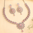 Rhodium Plated Silver Toned Ornate Shaped Pink & White American Diamond Studded Jewellery Set