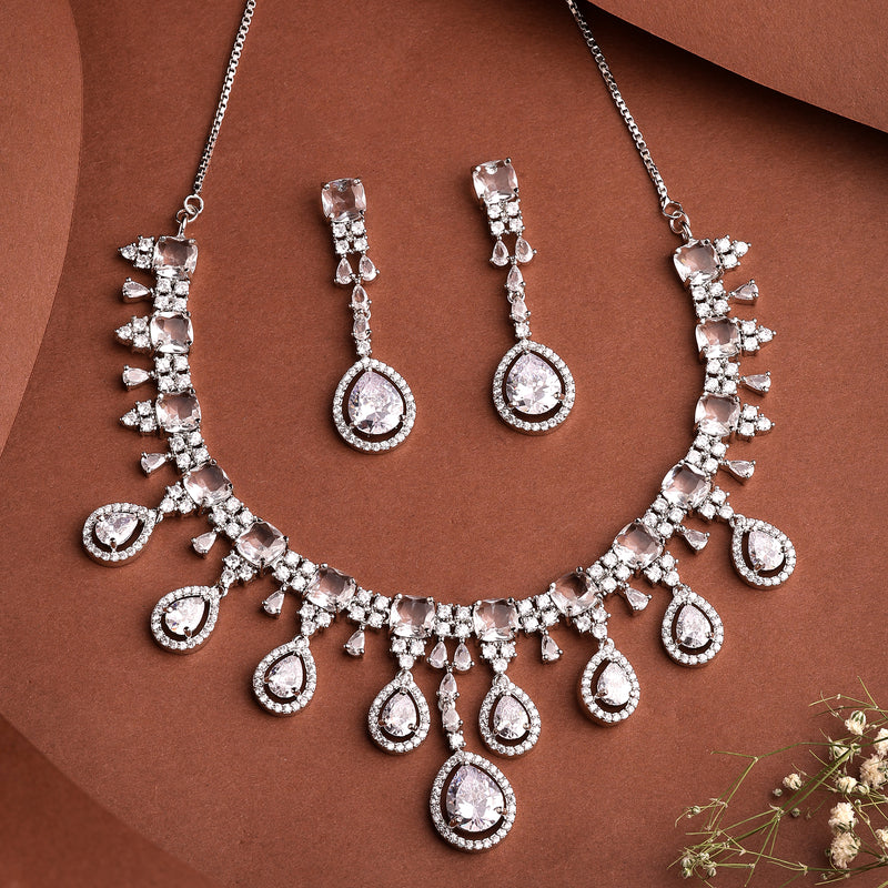 Rhodium Plated Silver Toned Teardrop Shaped White American Diamond Studded Jewellery Set