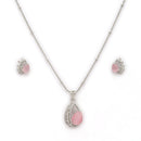 Rhodium Plated Brass American Diamond Leaf Halo Teardrop Pendant Set for Women & Girls
