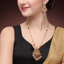 Gold Plated South Indian Temple Jewelry Lakshmi Pendant Necklace Set with Earrings Jewellery Set For Women & Girls (Long Haram Style Temple Pendant)