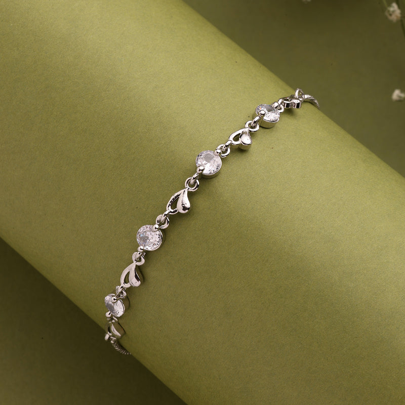 Rhodium Plated Silver Toned Heart Shaped White Cubic Zirconia Adjustable Bracelet