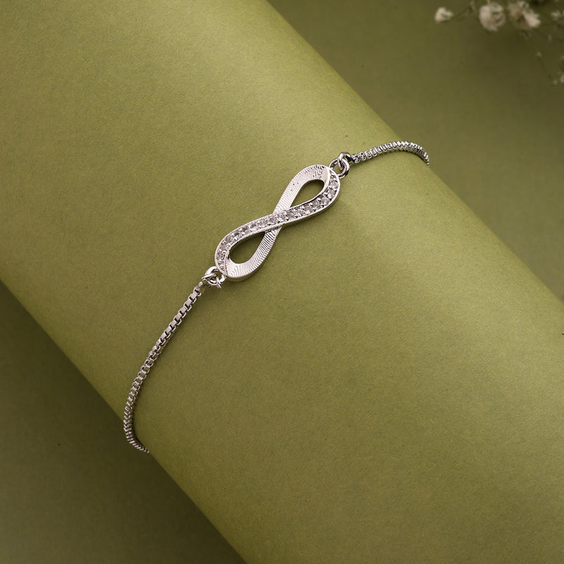 Rhodium Plated Silver Toned Infinity Shaped White Cubic Zirconia Studded Adjustable Bracelet