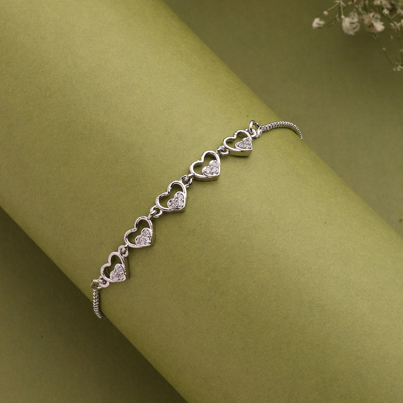 Rhodium Plated Silver Toned Heart Shaped Cubic Zirconia Studded Adjustable Bracelet