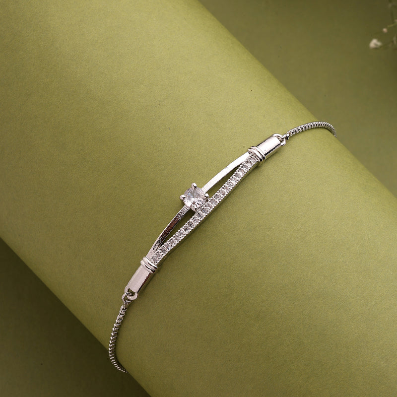 Rhodium Plated Silver Toned Cubic Zirconia Studded Adjustable Bracelet