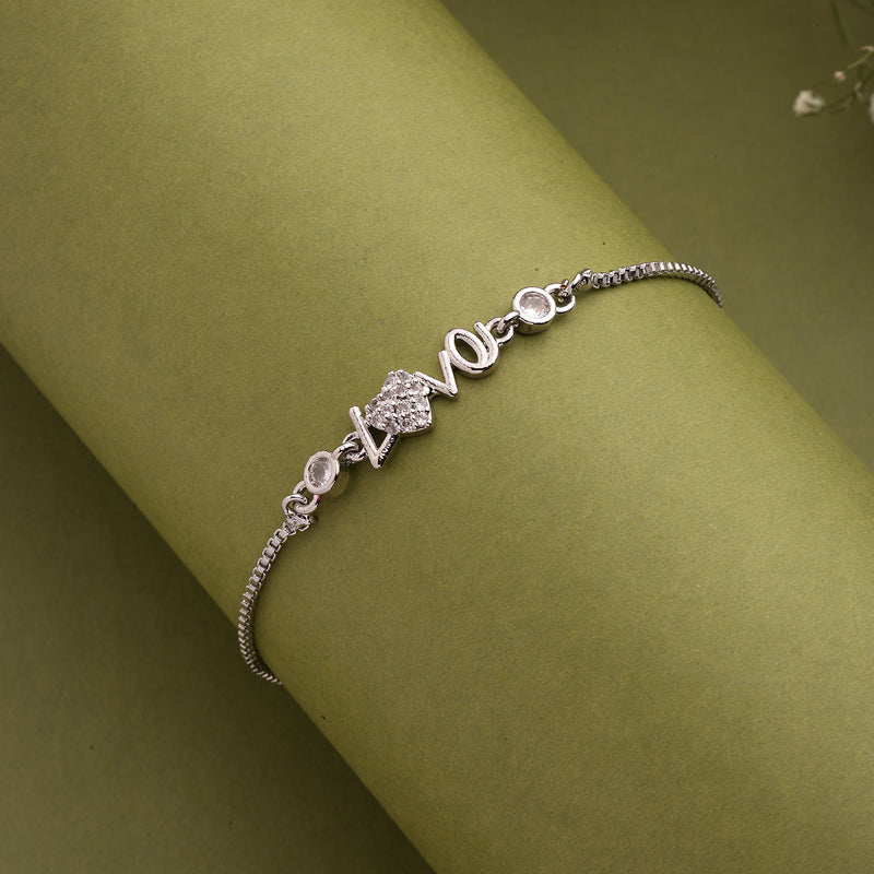 Rhodium Plated Silver Toned White Cubic Zirconia Studded Love Bracelet