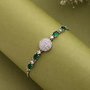 Rhodium Plated Silver Toned White And Green American Diamond Studded Adjustable Bracelet