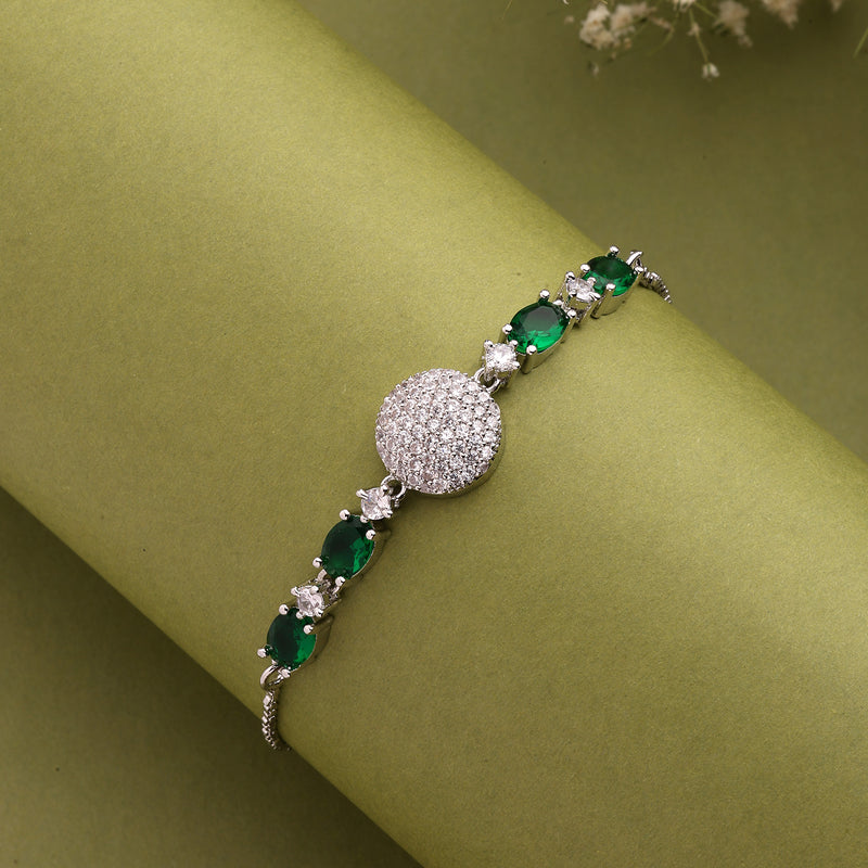 Rhodium Plated Silver Toned White And Green American Diamond Studded Adjustable Bracelet