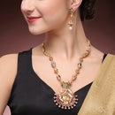 Gold Plated South Indian Temple Jewelry Lakshmi Pendant Necklace Set with Earrings Jewellery Set For Women & Girls (Temple Style Green Stones)