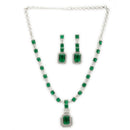 Rhodium Plated Emerald Cut AD Green Contemporary Necklace Jewellery Set