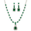 Rhodium Plated Emerald Cut AD Green Contemporary Necklace Jewellery Set