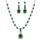 Rhodium Plated Emerald Cut AD Green Contemporary Necklace Jewellery Set