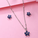 Rhodium Plated Silver Toned Blue And White American Diamond Studded Leaf Shaped Pendant With Chain