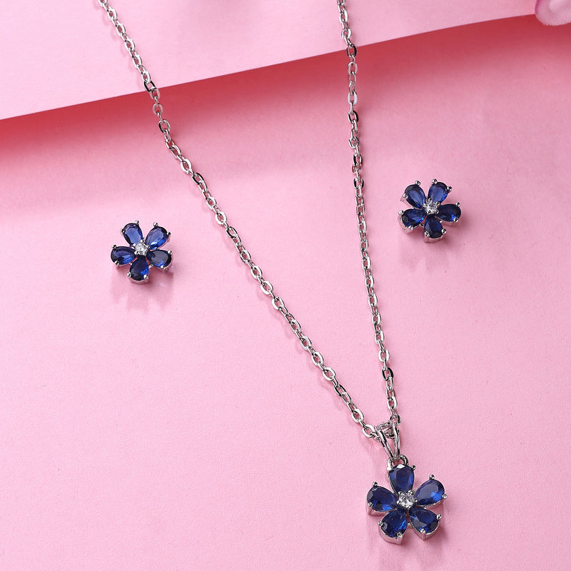 Rhodium Plated Silver Toned Blue And White American Diamond Studded Leaf Shaped Pendant With Chain